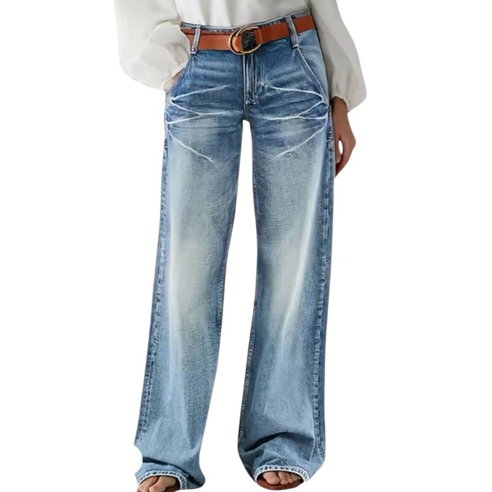 Flamingals Belt Wash Mid Waist Straight Leg Jeans Women Size Large (29x31) Baggy